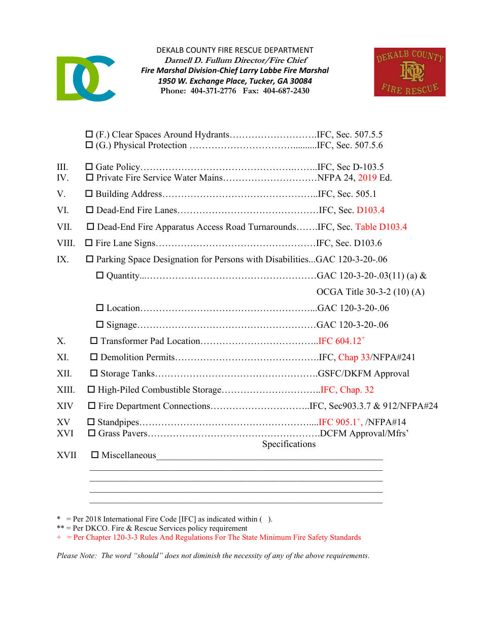 Fire Marshal Site Plan Review Checklist - DeKalb County, Georgia (United States), Page 2