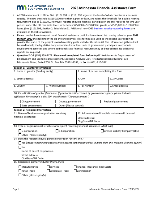 Minnesota Financial Assistance Form - Minnesota, 2023