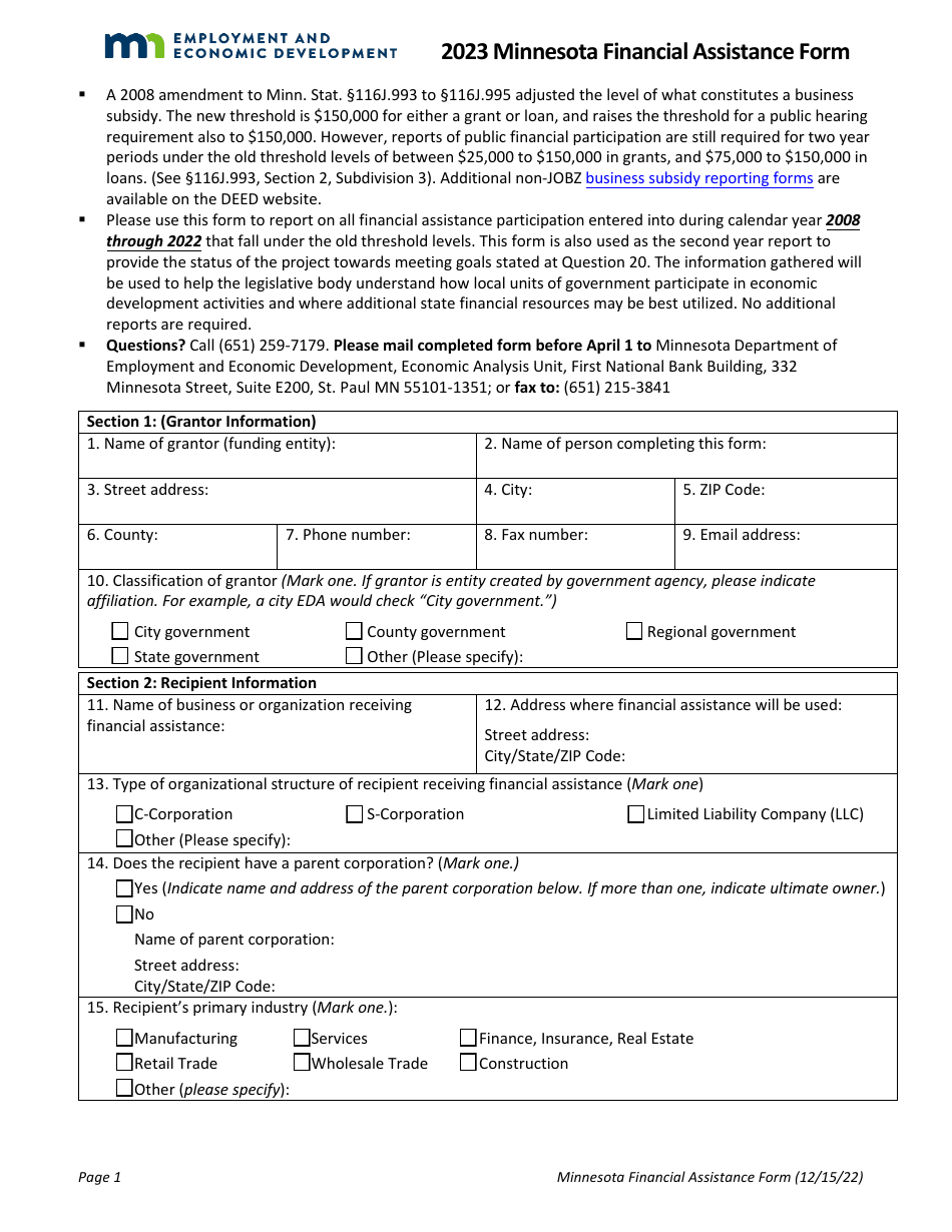 Minnesota Financial Assistance Form - Minnesota, Page 1