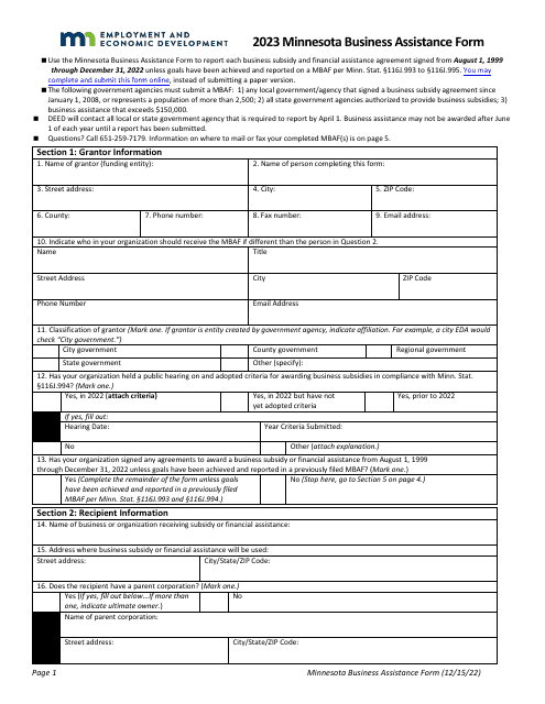 Minnesota Business Assistance Form - Minnesota, 2023