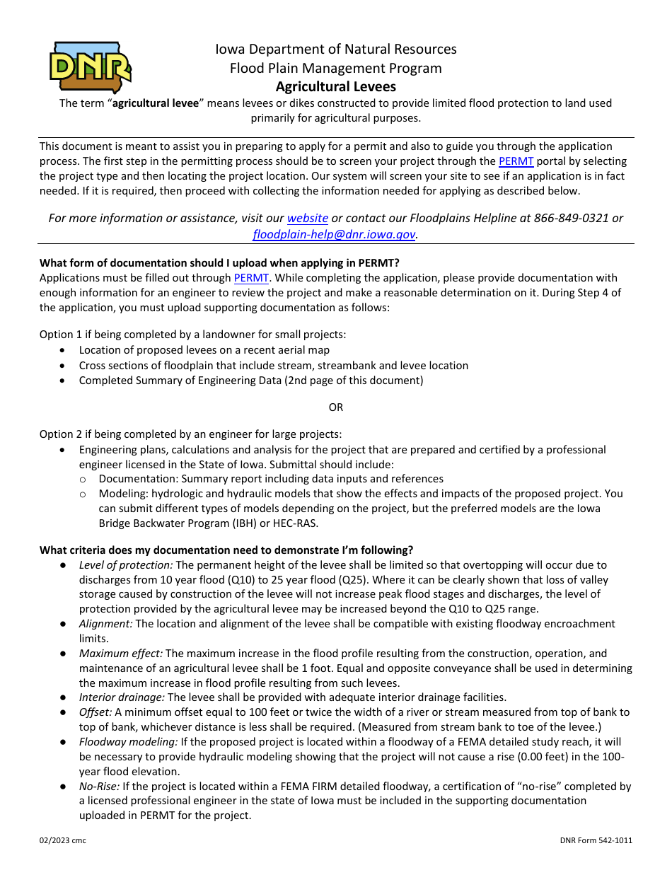 DNR Form 542-1011 Agricultural Levees - Flood Plain Management Program - Iowa, Page 1