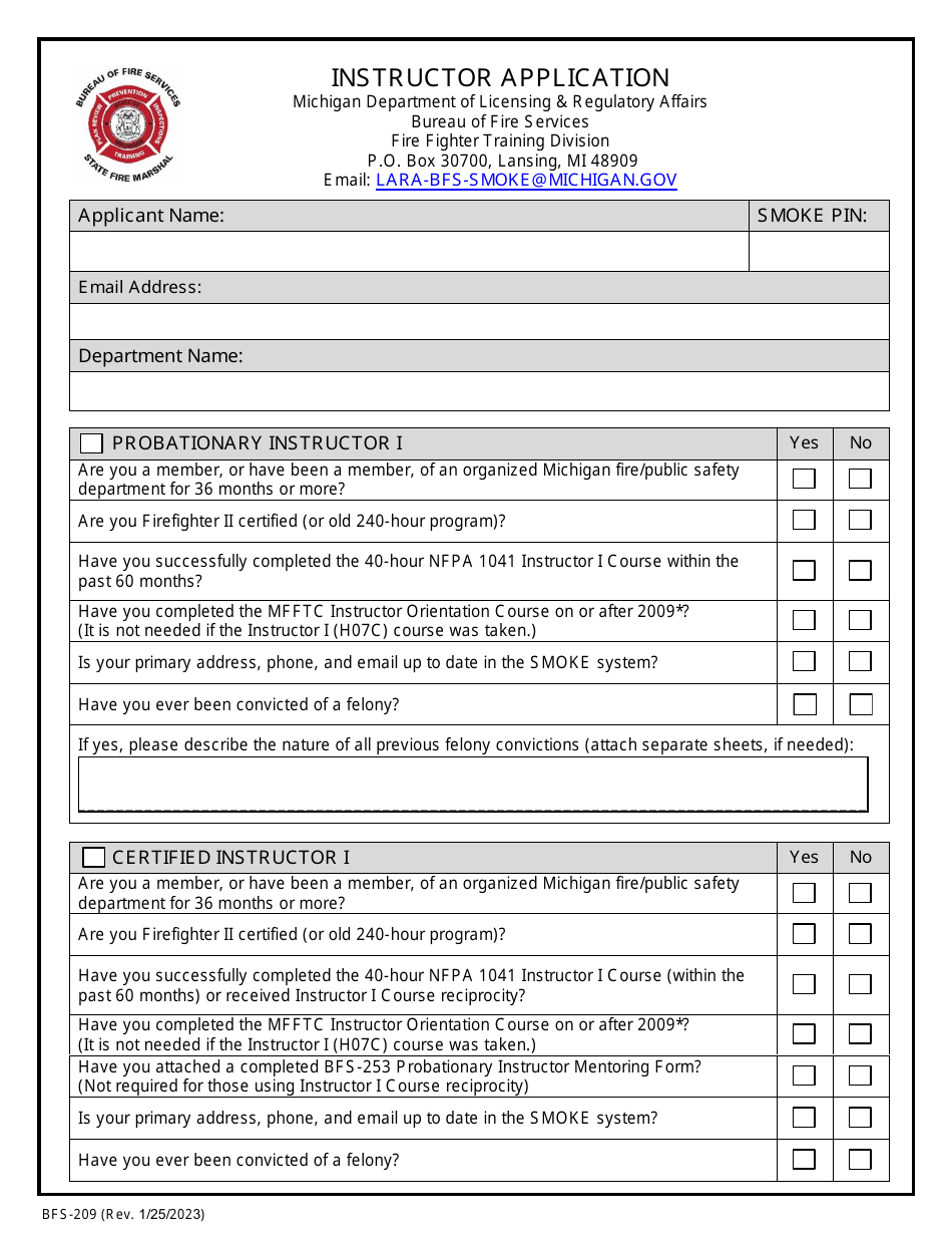 Form BFS-209 Instructor Application - Michigan, Page 1