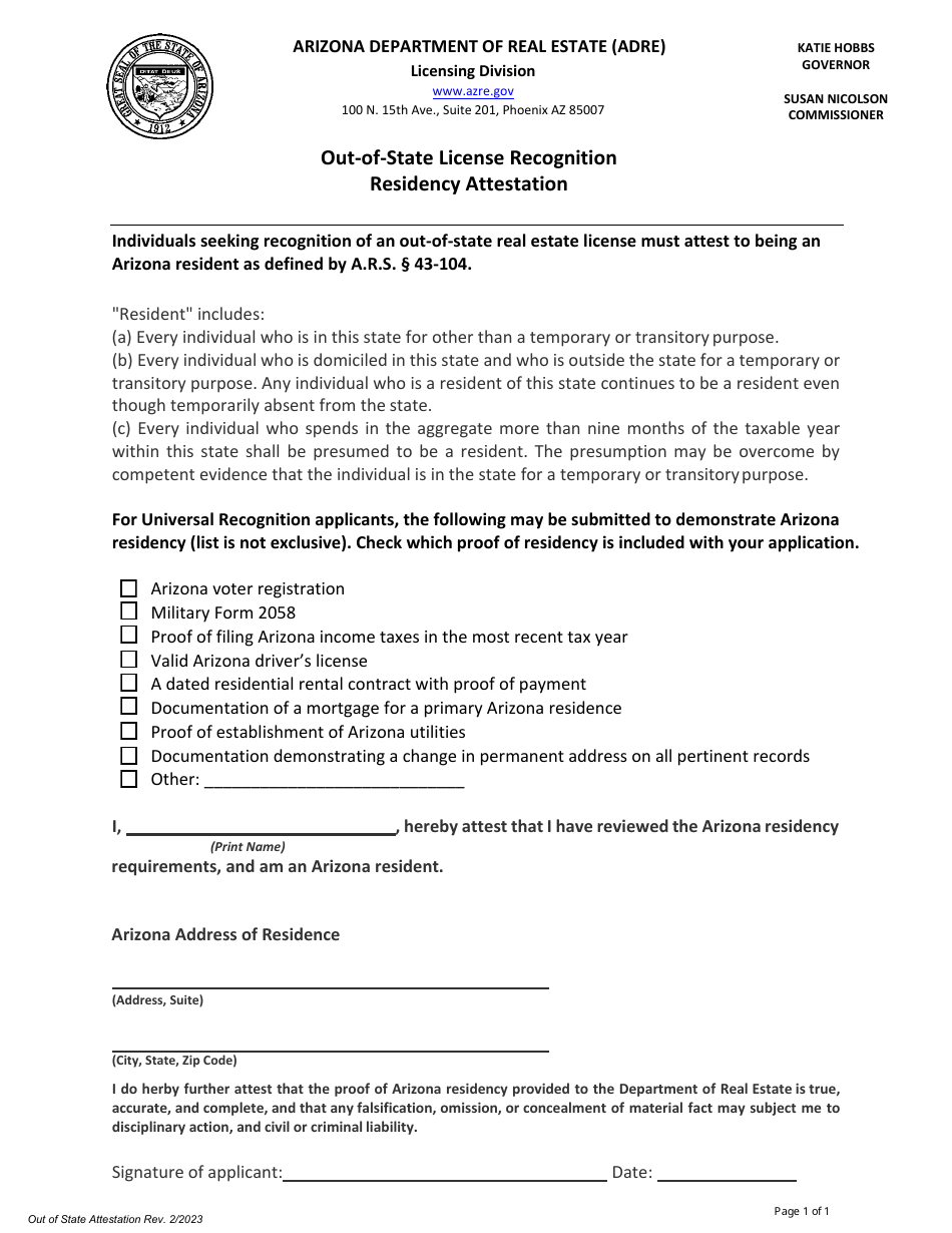 Out-of-State License Recognition Residency Attestation - Arizona, Page 1