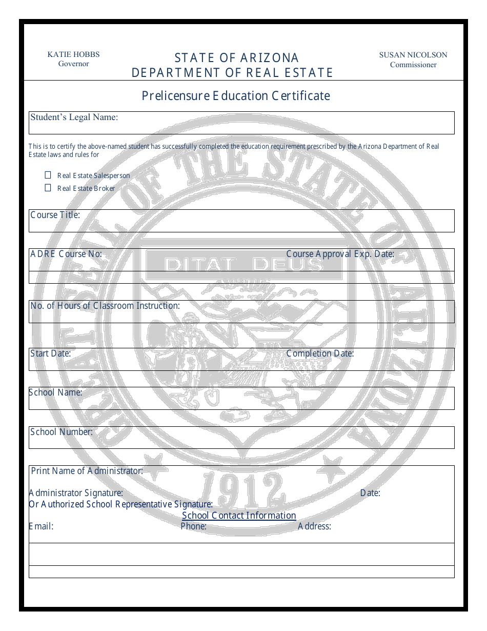 Prelicensure Education Certificate - Arizona, Page 1