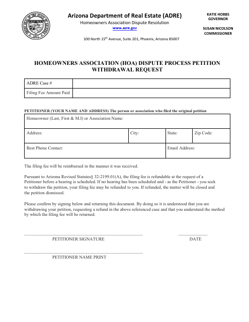 Homeowners Association (Hoa) Dispute Process Petition Withdrawal Request - Arizona Download Pdf