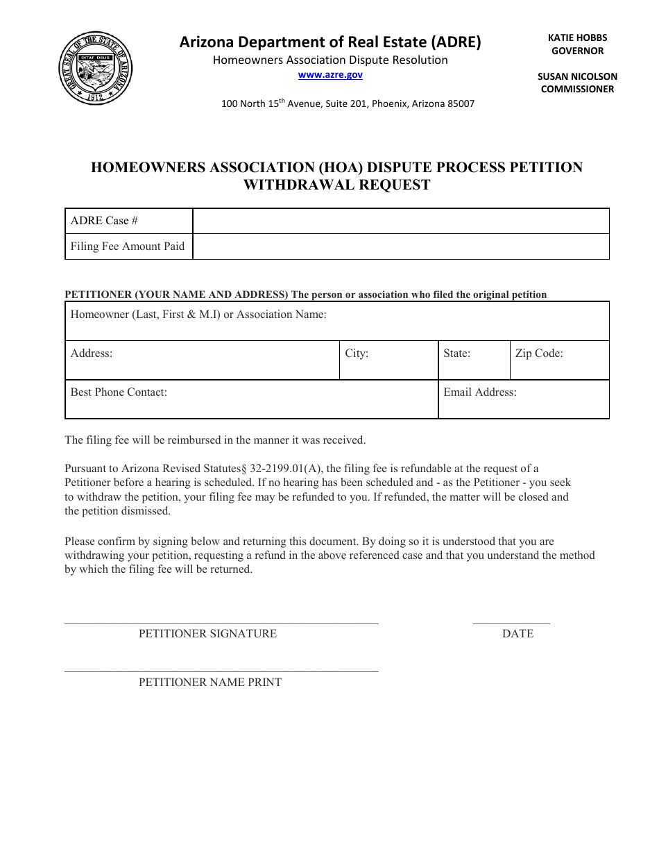 Arizona Homeowners Association (Hoa) Dispute Process Petition Withdrawal Request Fill Out