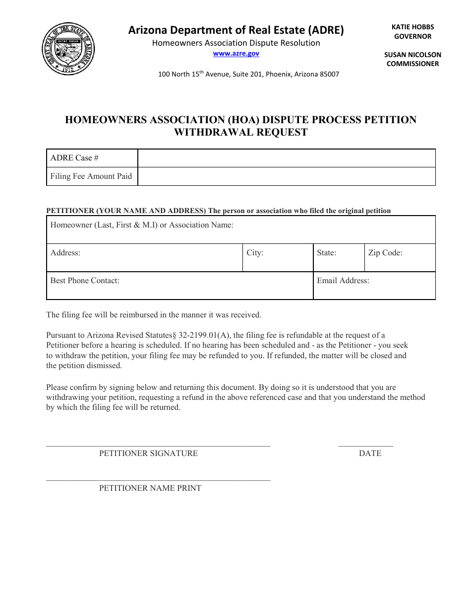 Homeowners Association (Hoa) Dispute Process Petition Withdrawal Request - Arizona, Page 1