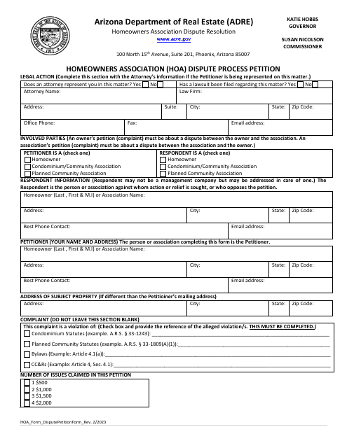 Homeowners Association (Hoa) Dispute Process Petition - Arizona Download Pdf