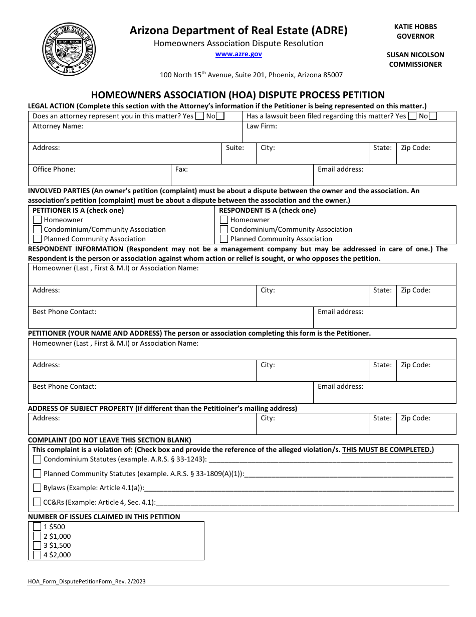 Homeowners Association (Hoa) Dispute Process Petition - Arizona, Page 1