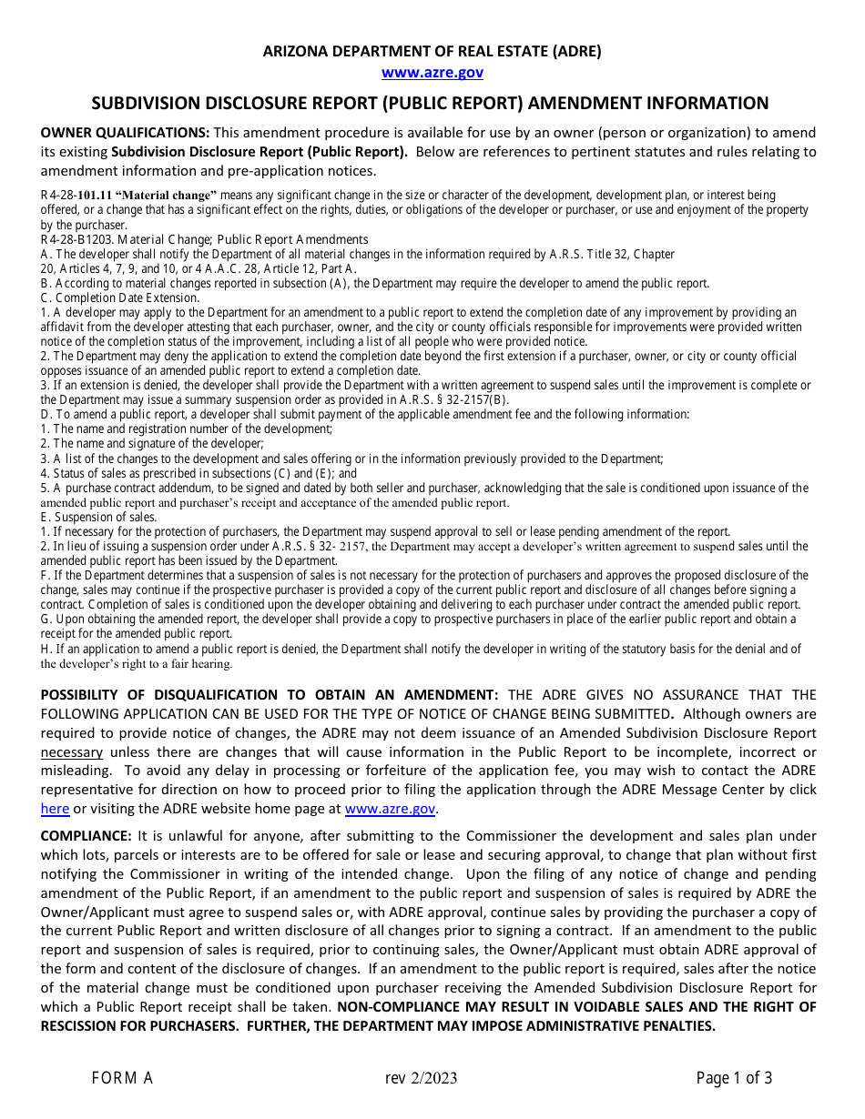 Form A Subdivision Disclosure Report (Public Report) Amendment Application - Arizona, Page 1