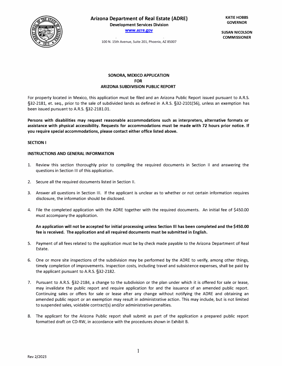 Sonora, Mexico Application for Arizona Subdivision Public Report Form - Arizona, Page 1