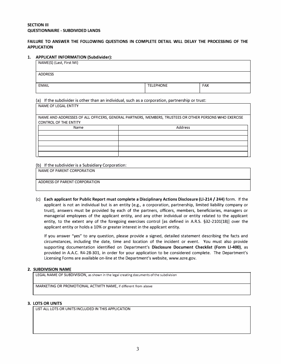 Sonora, Mexico Application for Arizona Subdivision Public Report Form - Arizona, Page 3
