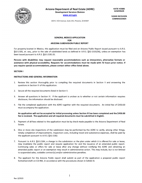 Sonora, Mexico Application for Arizona Subdivision Public Report Form - Arizona Download Pdf