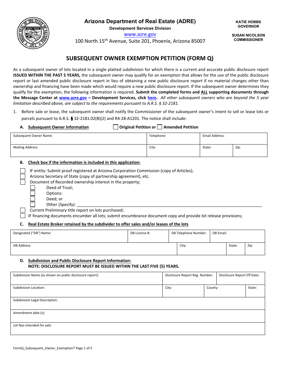 Form Q Subsequent Owner Exemption Petition - Arizona, Page 1