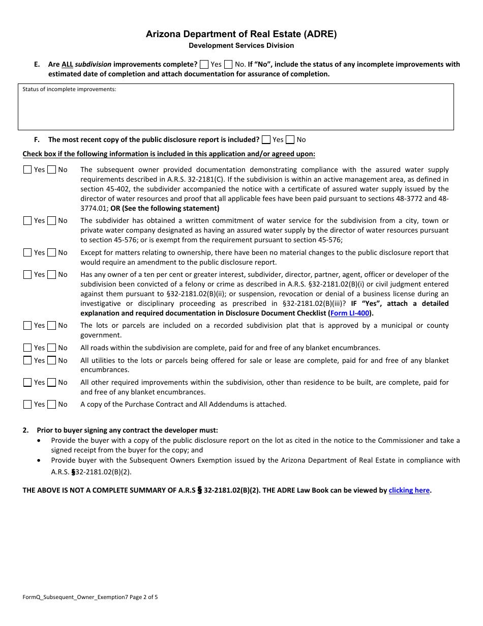 Form Q Subsequent Owner Exemption Petition - Arizona, Page 2