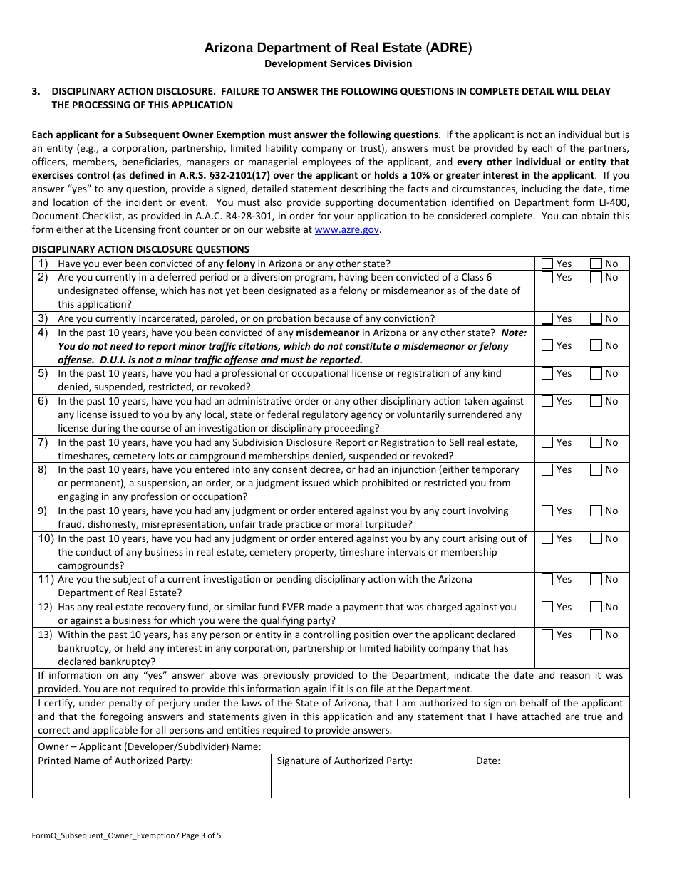 Form Q Subsequent Owner Exemption Petition - Arizona, Page 3