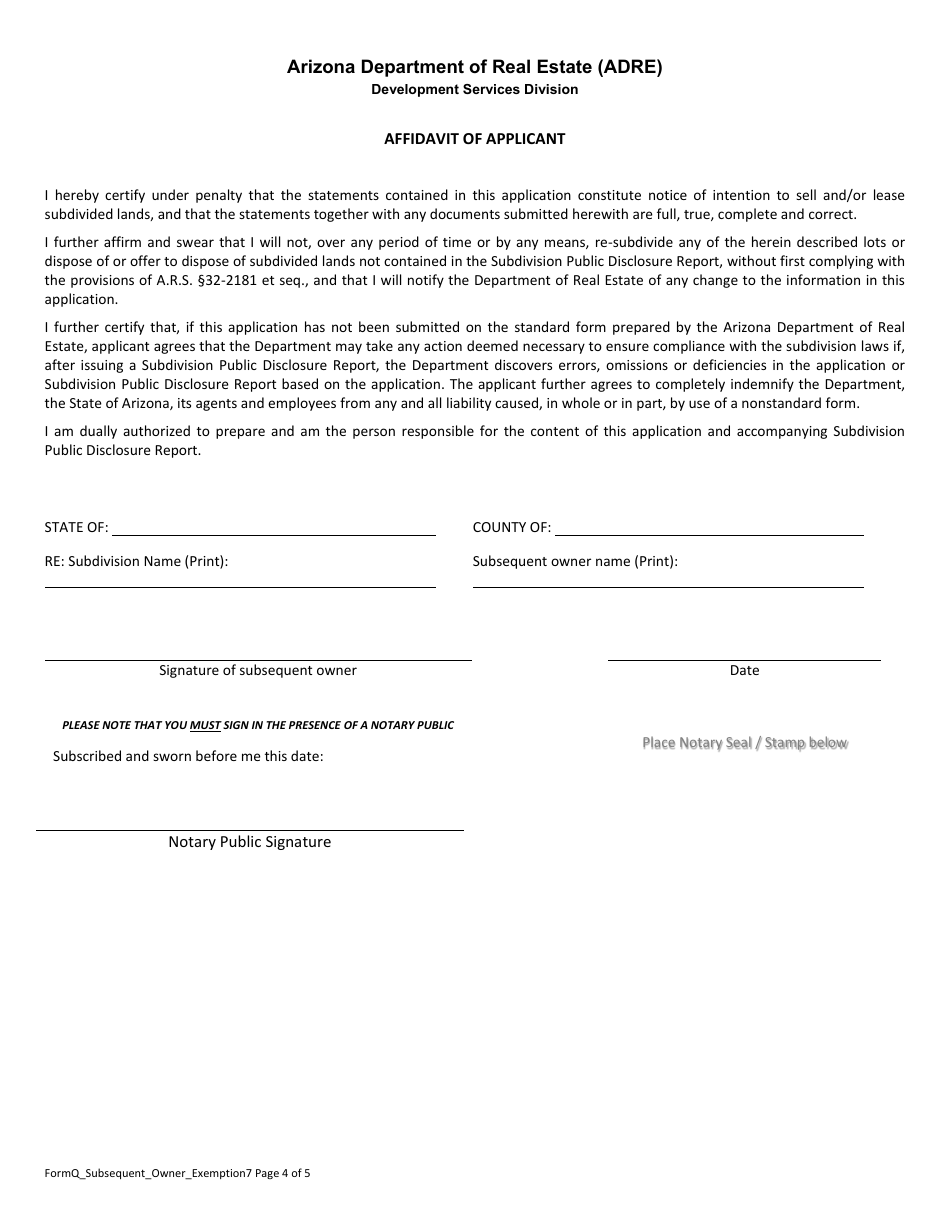 Form Q Subsequent Owner Exemption Petition - Arizona, Page 4