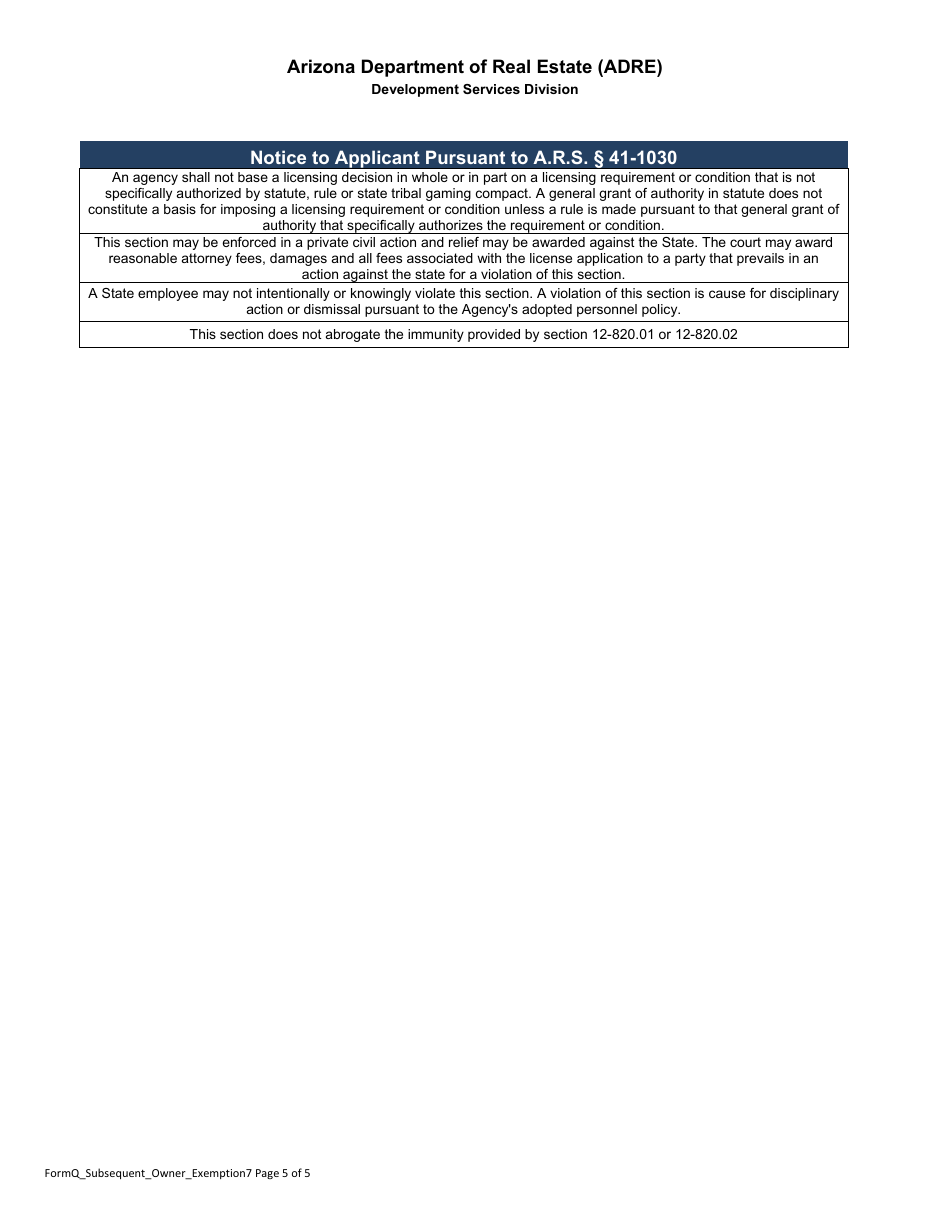 Form Q Subsequent Owner Exemption Petition - Arizona, Page 5