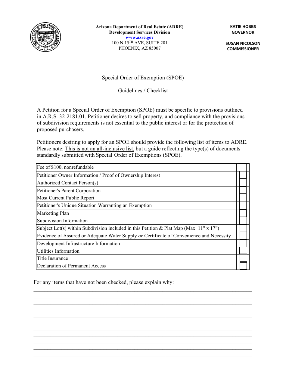 Special Order of Exemption (Spoe - Arizona, Page 1