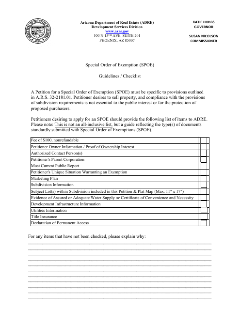 Special Order of Exemption (Spoe - Arizona