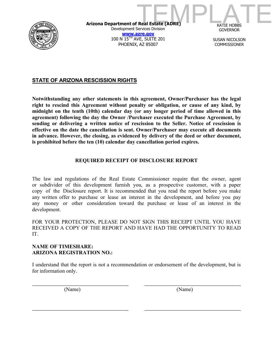 Form T Time-Share Public Disclosure Report - Template - Arizona, Page 10