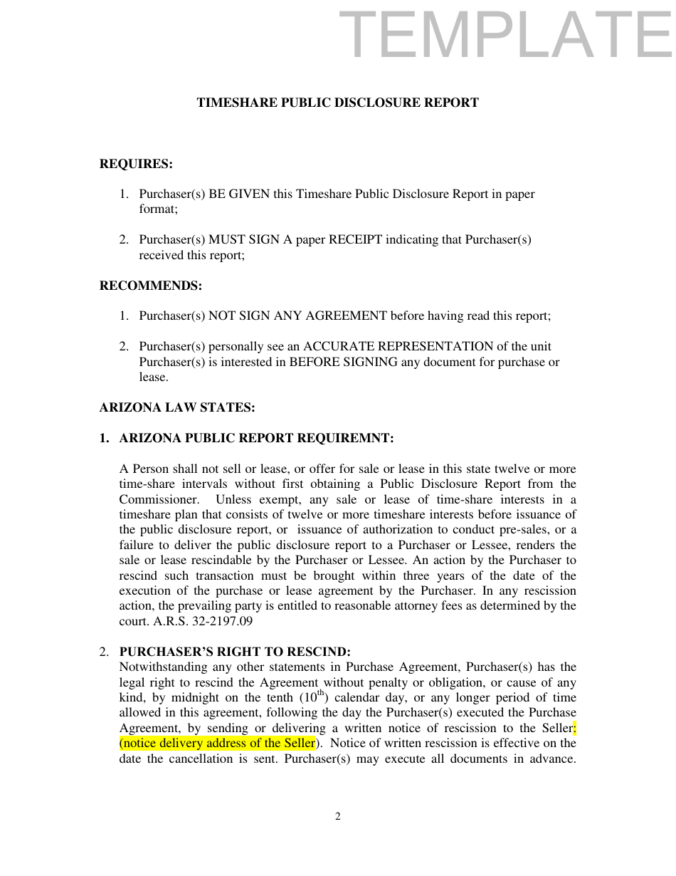 Form T Time-Share Public Disclosure Report - Template - Arizona, Page 2