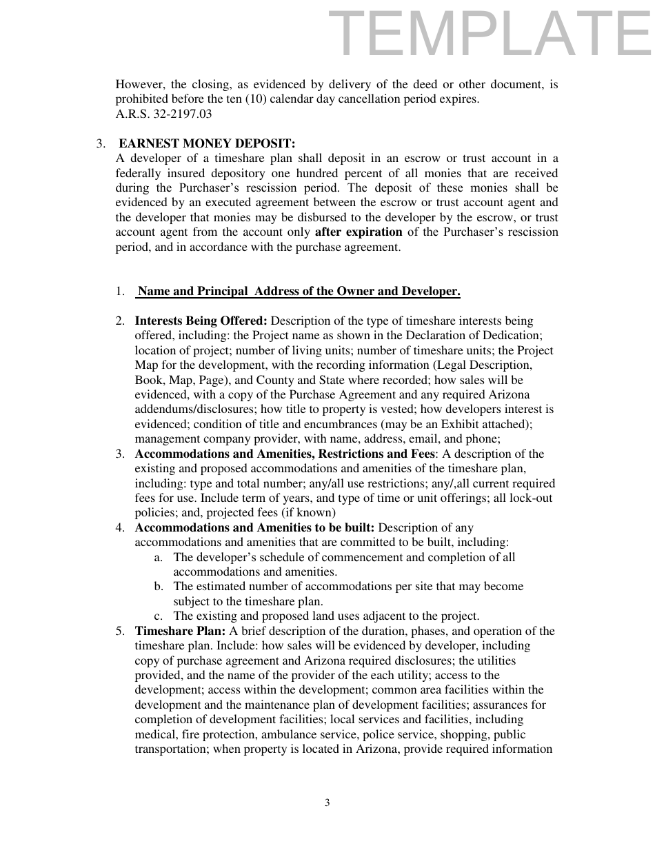 Form T Time-Share Public Disclosure Report - Template - Arizona, Page 3