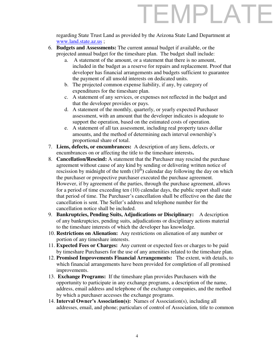 Form T Time-Share Public Disclosure Report - Template - Arizona, Page 4