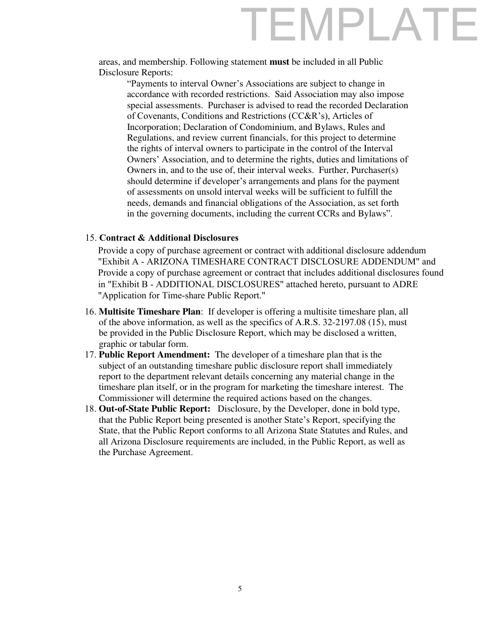 Form T Time-Share Public Disclosure Report - Template - Arizona, Page 5