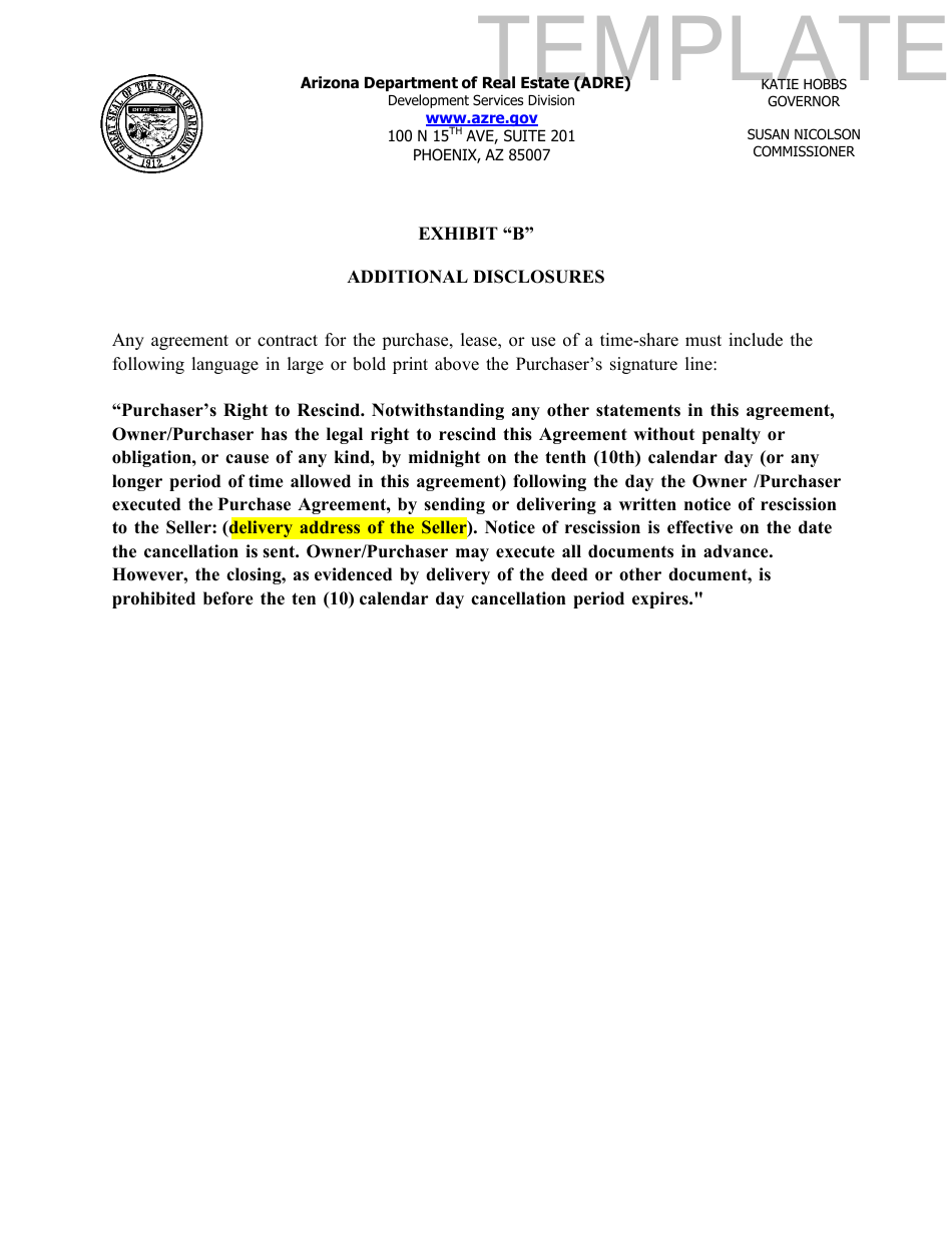 Form T Time-Share Public Disclosure Report - Template - Arizona, Page 9