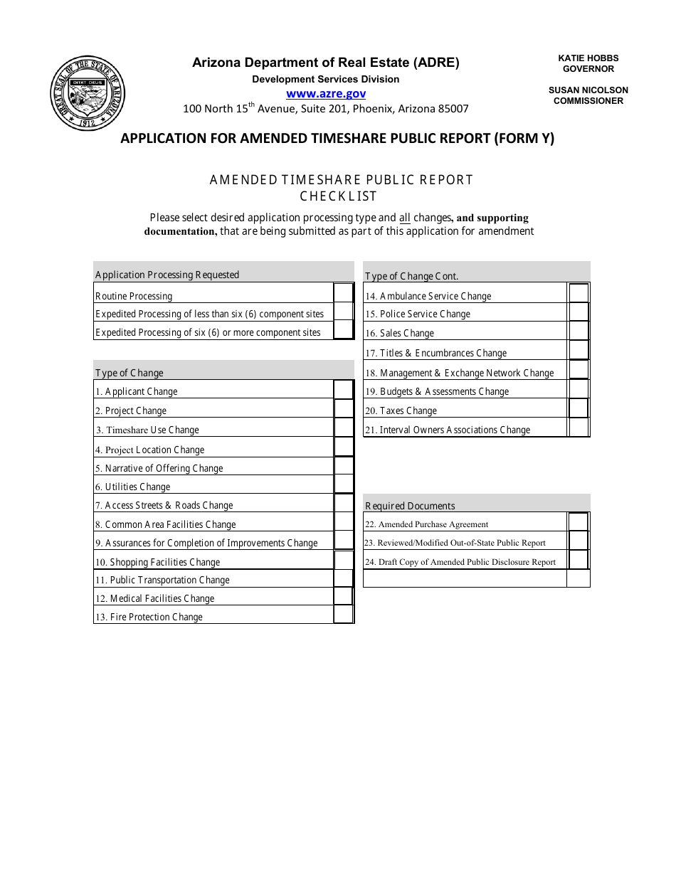Form Y Application for Amended Timeshare Public Report - Arizona, Page 1