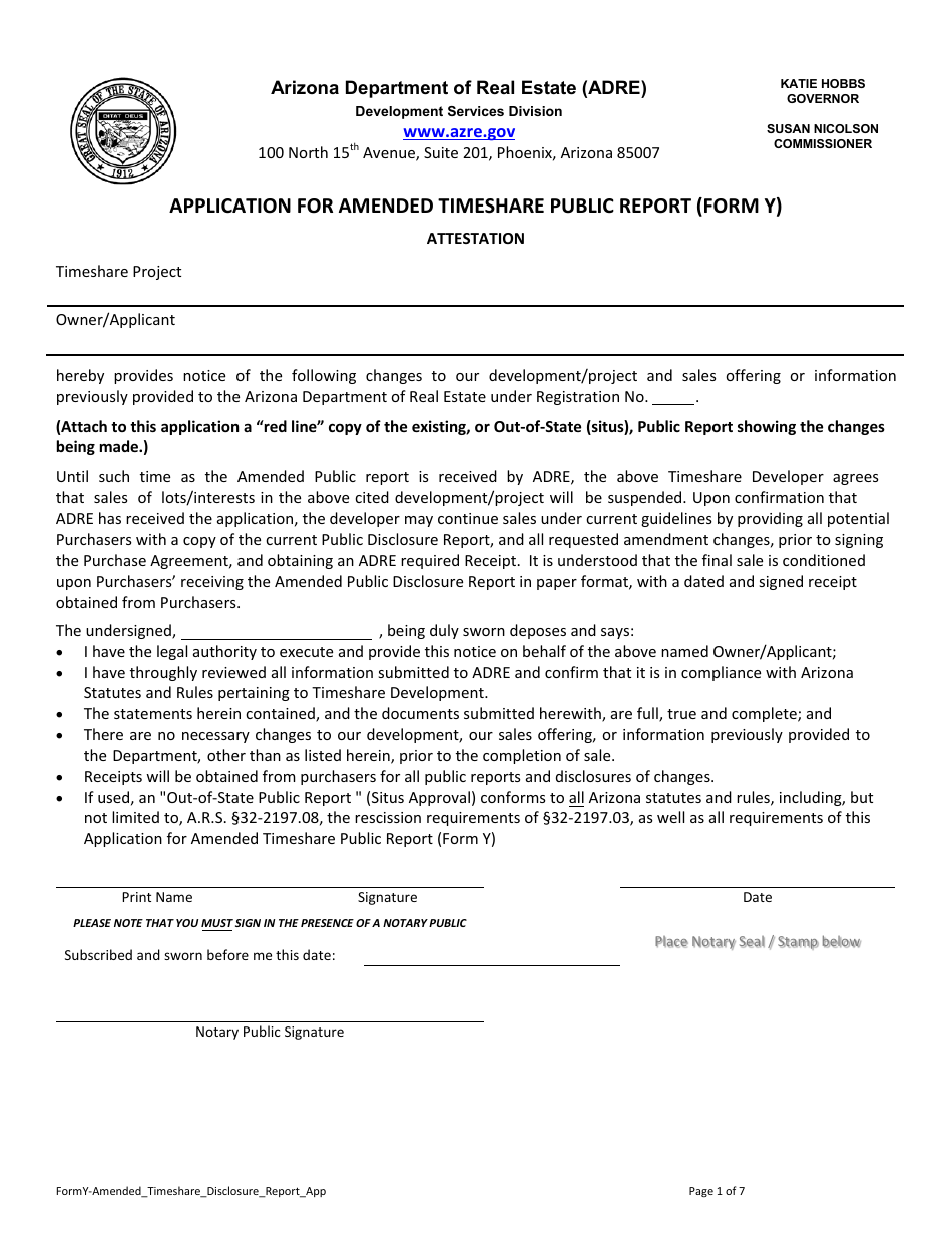 Form Y Application for Amended Timeshare Public Report - Arizona, Page 2
