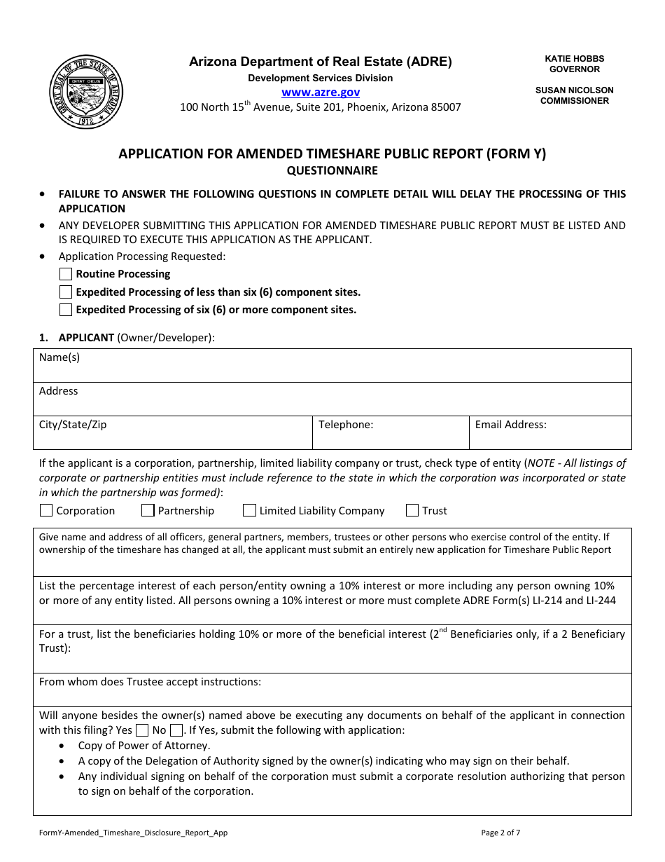 Form Y Application for Amended Timeshare Public Report - Arizona, Page 3