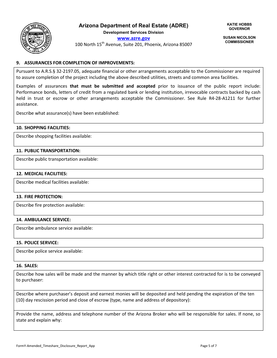 Form Y Application for Amended Timeshare Public Report - Arizona, Page 6
