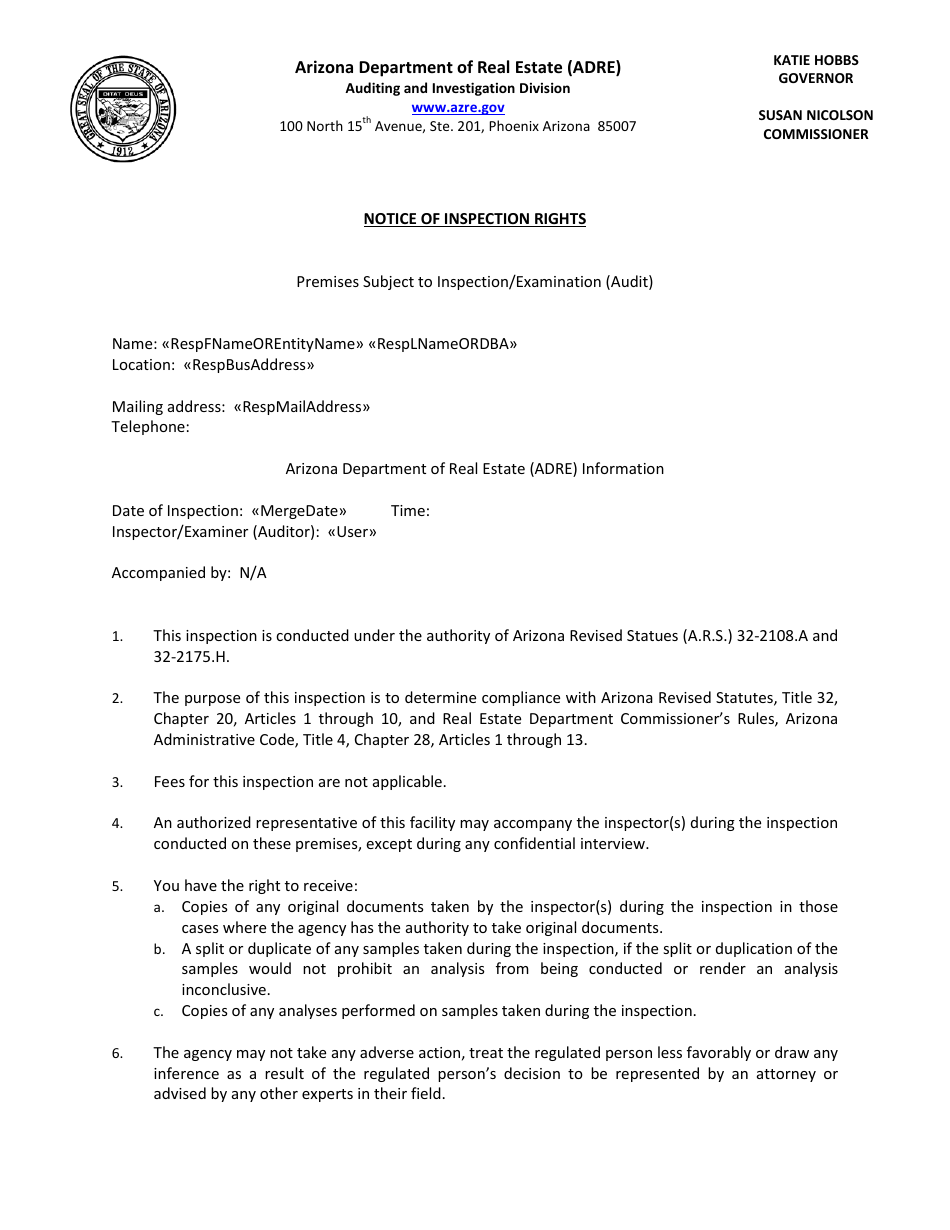 Notice of Inspection Rights - Arizona, Page 1