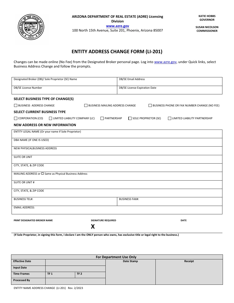 Form LI-201 Entity Address Change Form - Arizona, Page 1