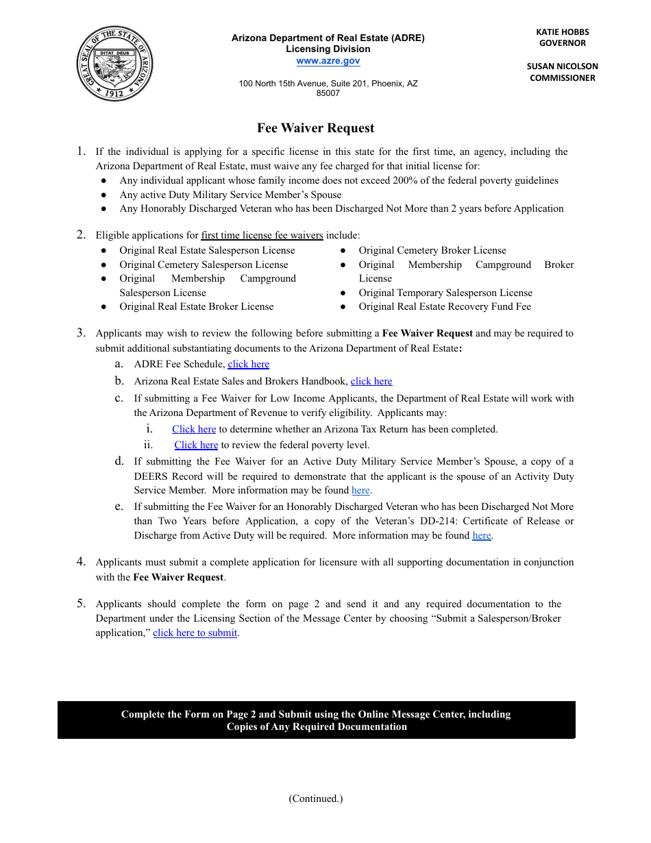 Arizona Fee Waiver Request Fill Out, Sign Online and Download PDF