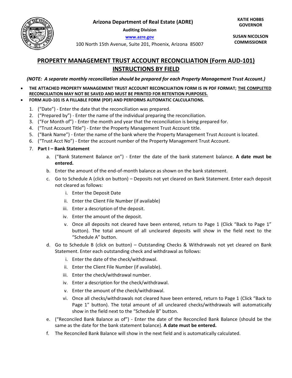 Form AUD-101 Property Management Trust Account Reconciliation - Arizona, Page 1