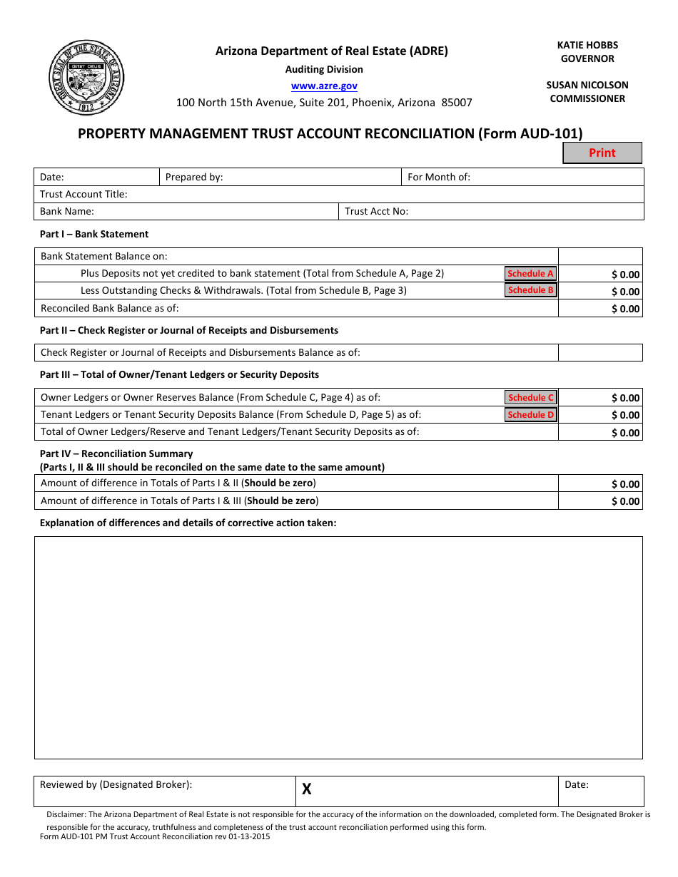 Form AUD-101 Property Management Trust Account Reconciliation - Arizona, Page 3