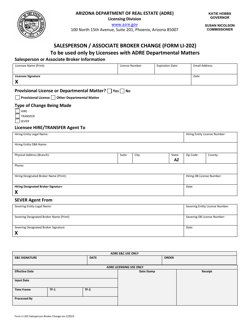 Form LI-202 Salesperson / Associate Broker Change - Arizona, Page 1