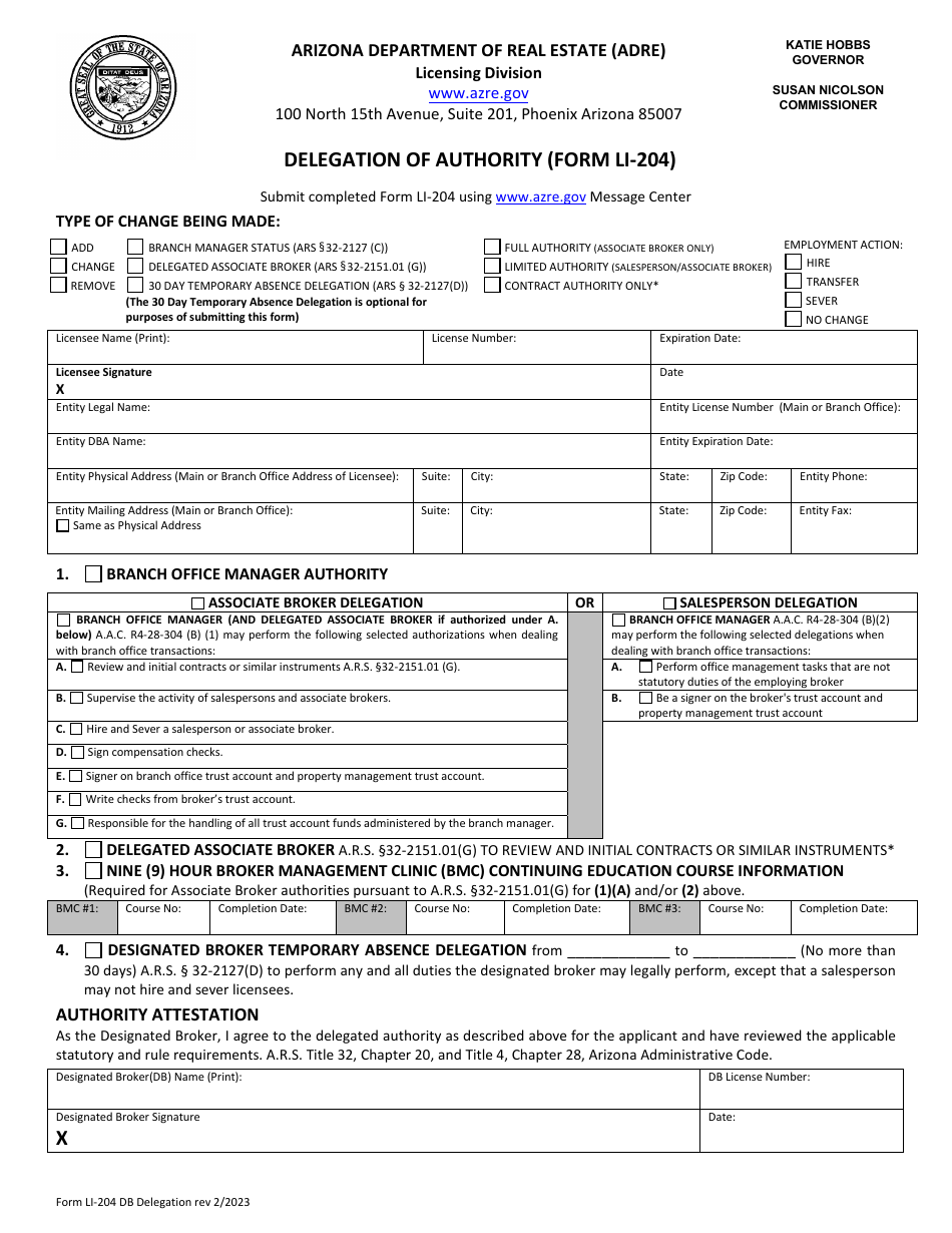 Form LI-204 Delegation of Authority - Arizona, Page 1