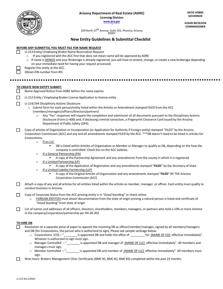 Form LI-212 Entity / Employing Broker License Application - Arizona, Page 1