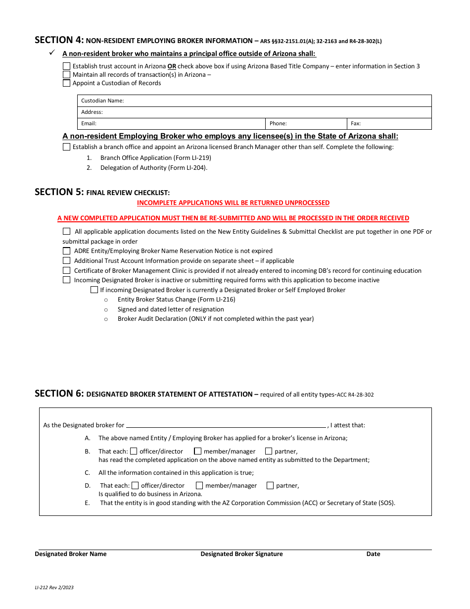 Form LI-212 Entity / Employing Broker License Application - Arizona, Page 3