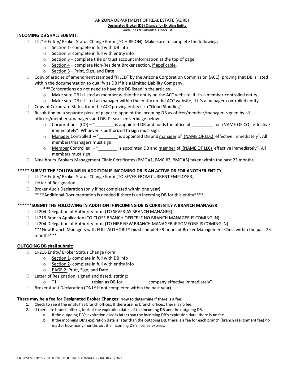 Form LI-216 Entity / Broker Status Change - Arizona, Page 3