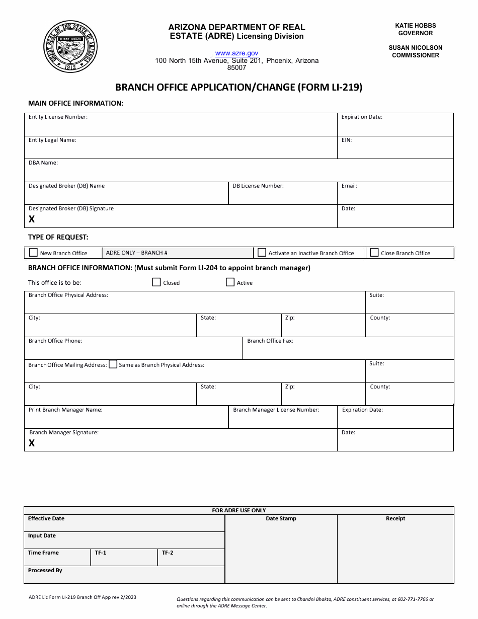 Form LI-219 Branch Office Application / Change - Arizona, Page 1