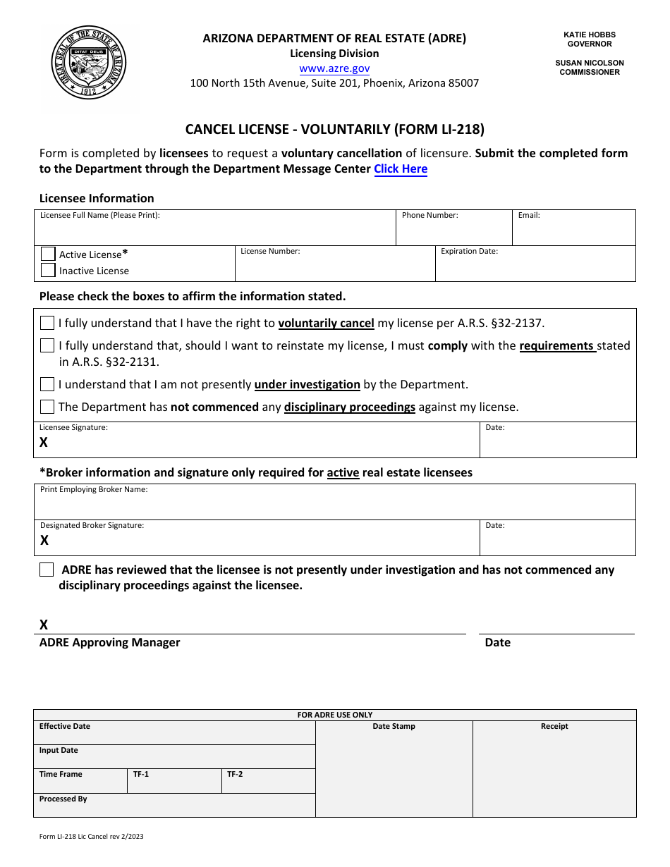 Form LI-218 Cancel License - Voluntarily - Arizona, Page 1