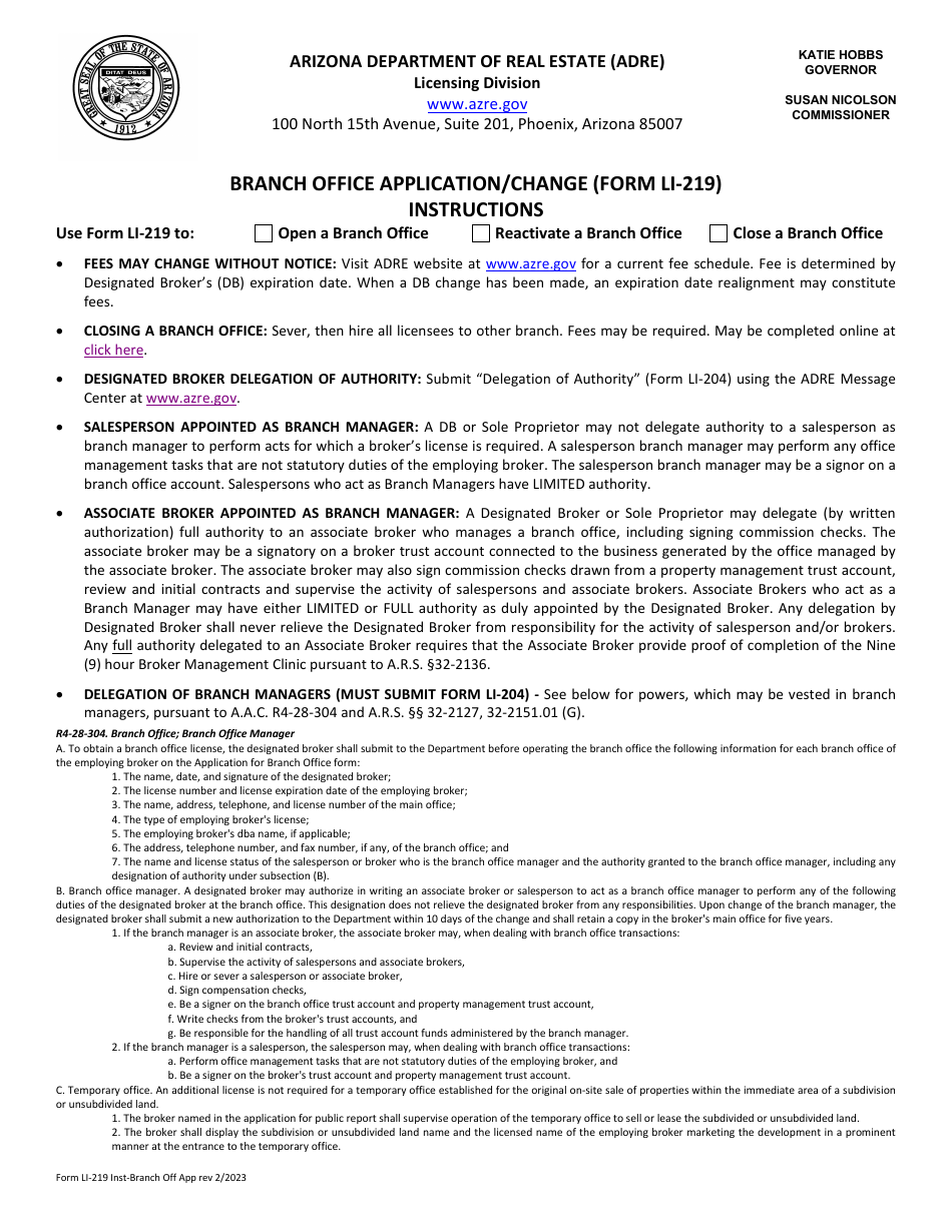 Instructions for Form LI-219 Branch Office Application / Change - Arizona, Page 1