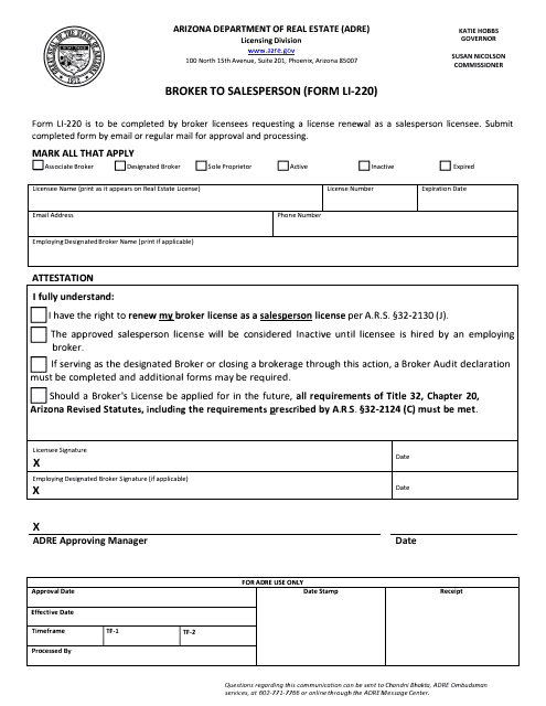 Form LI-220 Broker to Salesperson - Arizona