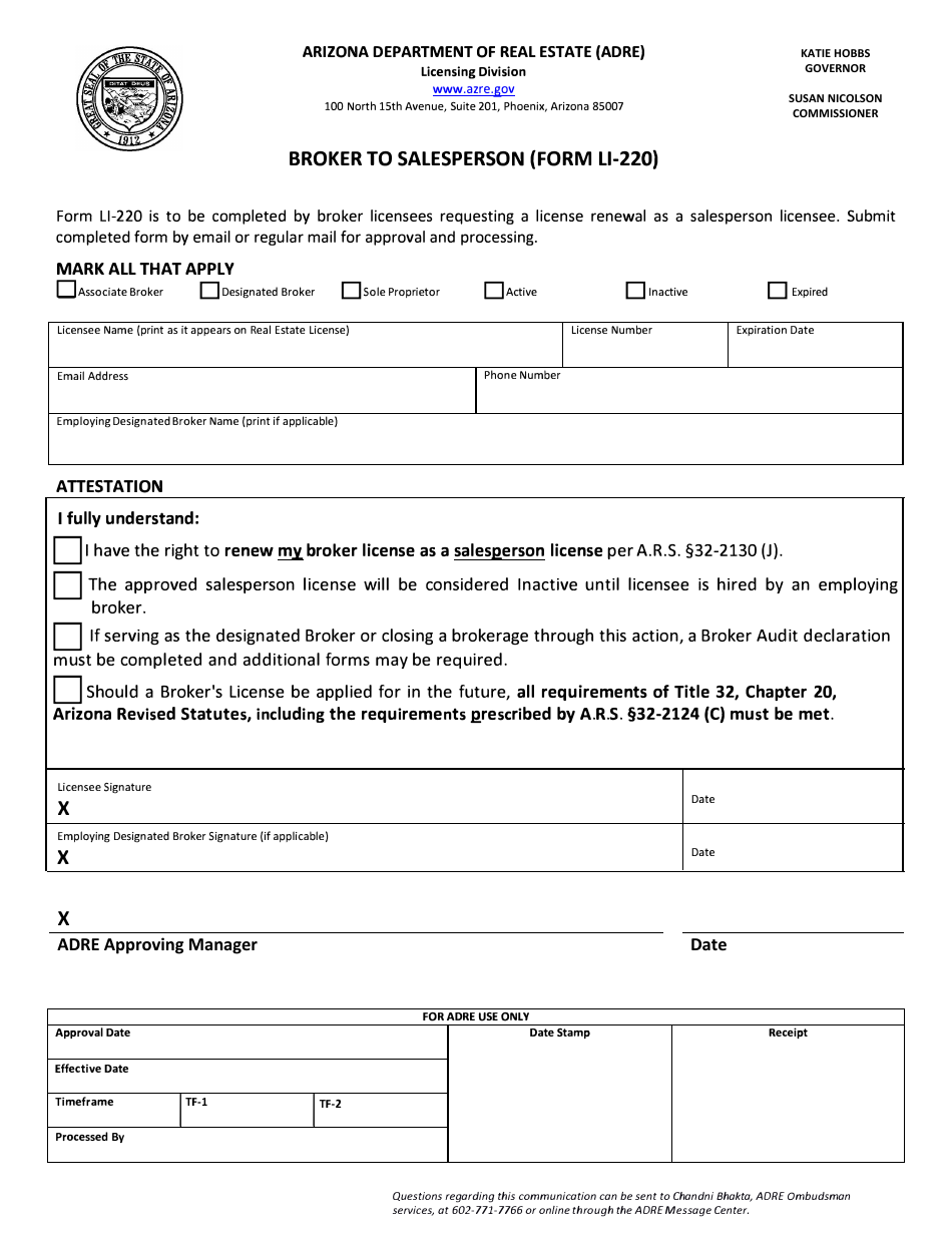 Form LI-220 Broker to Salesperson - Arizona, Page 1