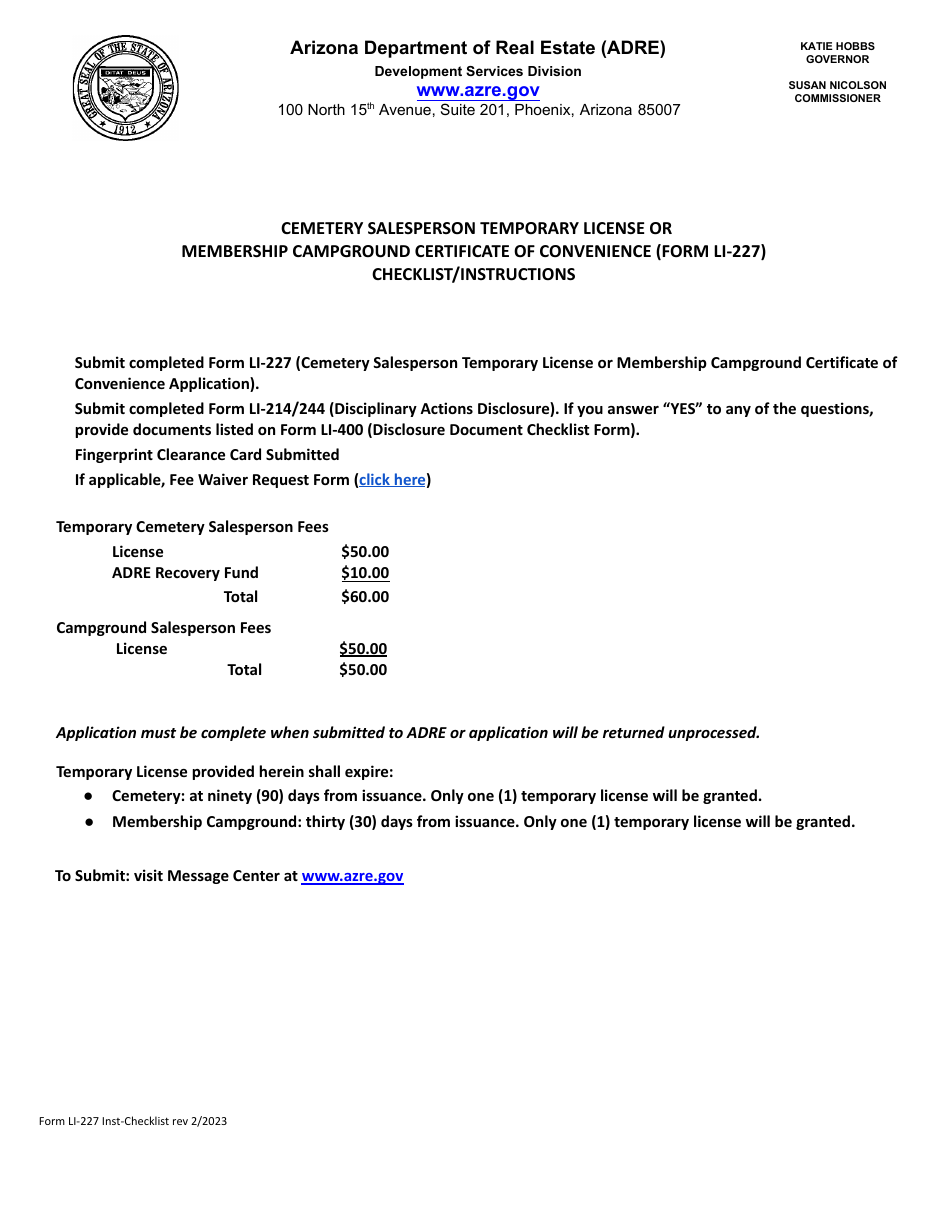 Form LI-227 Cemetery Salesperson Temporary License Application / Membership Camping Certificate of Convenience - Arizona, Page 1